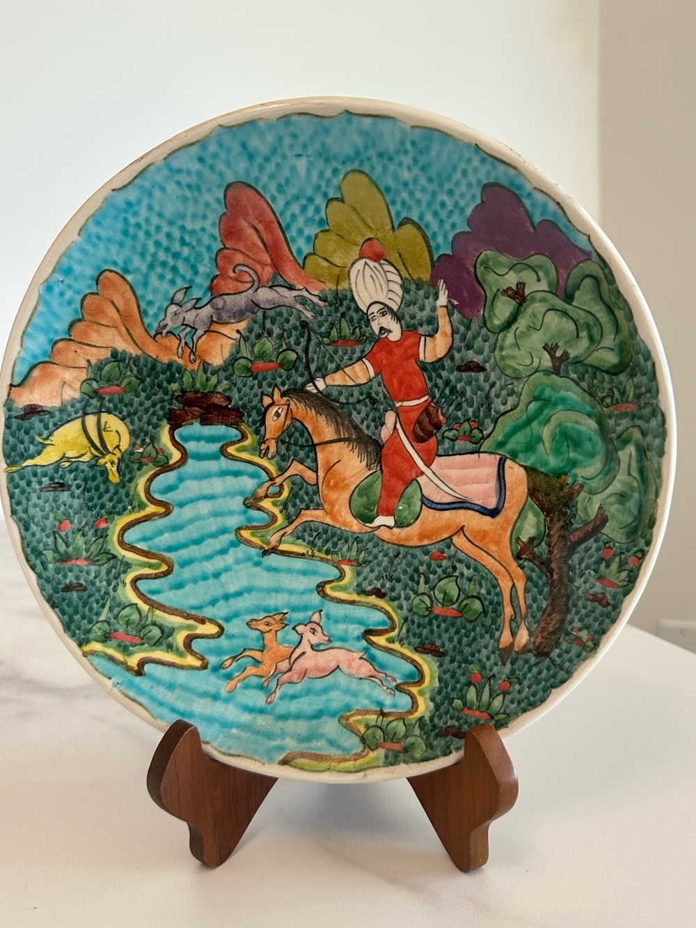 Vintage Turkish Hand-Painted Cream/Turquoise Ceramic Wall Plate Kutahya